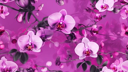  a purple flower with green leaves on a purple background with a red center in the center of the image is a pink flower with green leaves on the bottom right side of the image.  generative ai