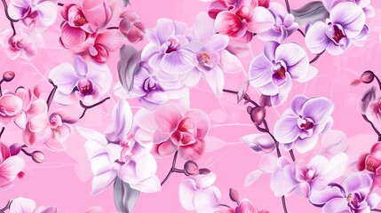 Fototapeta na wymiar a pink background with purple and white orchids on a light pink background with pink and white orchids on a light pink background,. generative ai