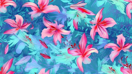  a bunch of pink flowers are on a blue and green background with leaves and flowers in the center of the picture, and a blue background with pink flowers in the middle.  generative ai