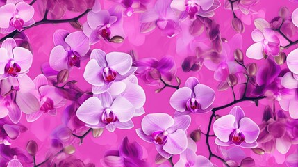 Fototapeta na wymiar a pink background with purple and white orchids on a pink background with a branch of a tree in the center of the image is a pink background. generative ai