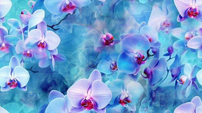  a bunch of purple and blue orchids on a blue and green background with a red center in the middle of the image and a blue background.  generative ai
