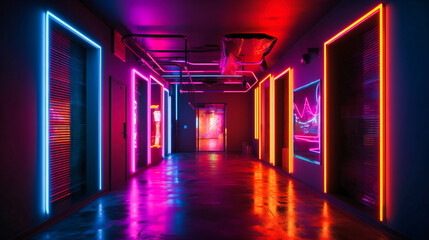 Fototapeta na wymiar colorful neon lights and neon signs in a hallway