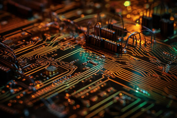 Close-up of circuit board components with vibrant lines representing the flow of electrical signals Generative AI
