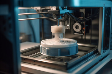 A close-up of a 3D printer in operation, capturing the additive manufacturing process layer by layer Generative AI