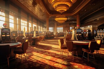 Golden Casino Gaming Interior Backdrop Generative AI - obrazy, fototapety, plakaty