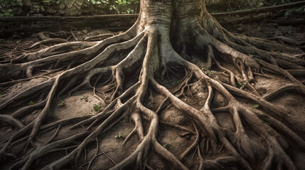 A network of interconnected tree roots beneath the ground, symbolizing the intricate web of nature's communication Generative AI