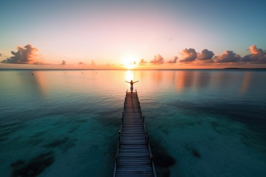 a lone figure standing on a pier surrounded by endless ocean waters