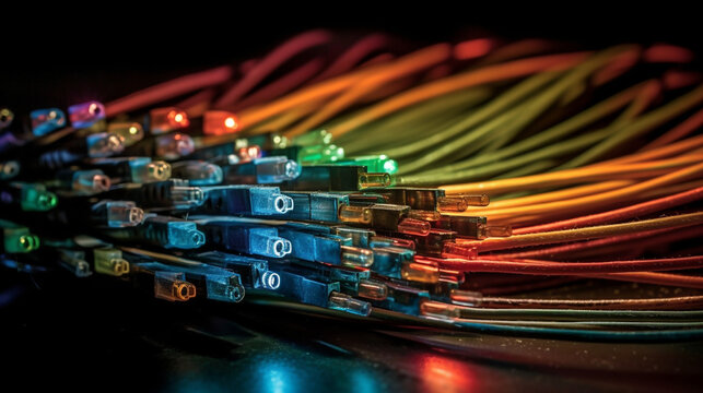 A close-up photograph of fiber optic cables, showcasing the intricate network of communication channels Generative AI