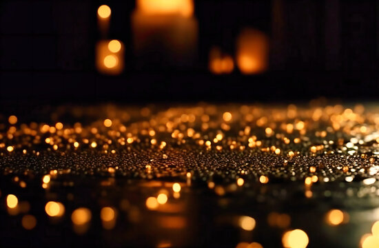 golden lights on the floor and glitter background on a dark night