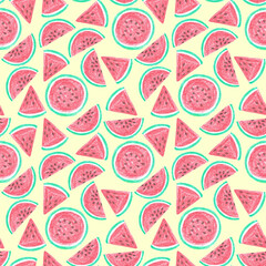 Different shaped pastel chalk pink appetizing ripe watermelon pieces as summer food fresh background.Round half and quarter slices, hand drawn