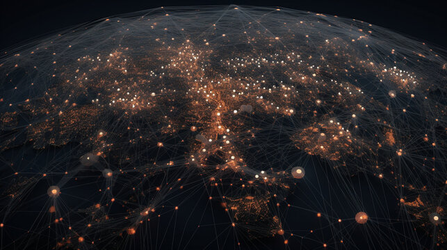 A map of interconnected cities represented by dots, highlighting the global network of urban centers Generative AI