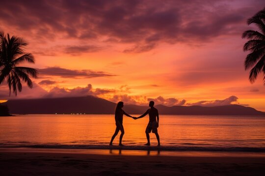 couple holding hands at sunset on a beach