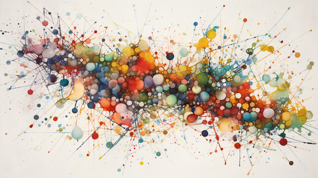 An abstract artwork featuring a network of colorful dots merging and diverging Generative AI