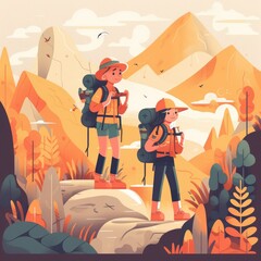 Fototapeta premium Illustration of Young Kid Hikers in Mountains with Landscape and Rocks Made with Generative AI