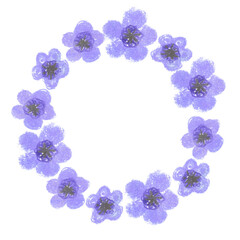Fototapeta na wymiar Chalk pastel hand painted botanical natural round frame with many little kids style illustrated violet flowers with copy space in the middle. Isolated on white floral design element