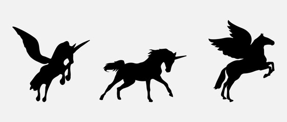 isolated black silhouette of a unicorn, vector collection