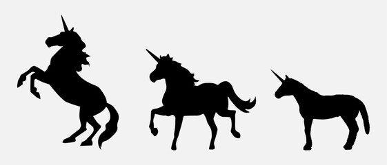 isolated black silhouette of a unicorn, vector collection