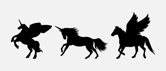 isolated black silhouette of a unicorn, vector collection
