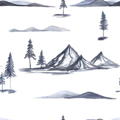 Watercolor seamless pattern with mountains,hills,wood fir trees in grey blue color as scandinavian background.Nordic northern landscape,environment concept.