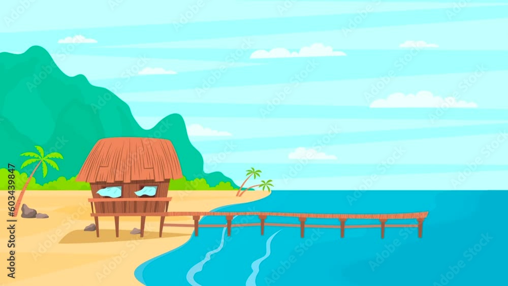 Sticker Cartoon Color Bungalow on Tropical Island Landscape Scene Holiday Resort Concept Flat Design Style Animation Effect.