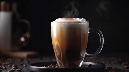 Fototapeta premium Delicious hot coffees with milk cream, cream, cinnamon, cookies and sweets. Coffee in cups and stylish place. Variety of coffees. Coffee and culinary art. Image generated by AI.