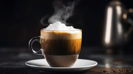 Delicious hot coffees with milk cream, cream, cinnamon, cookies and sweets. Coffee in cups and stylish place. Variety of coffees. Coffee and culinary art. Image generated by AI.