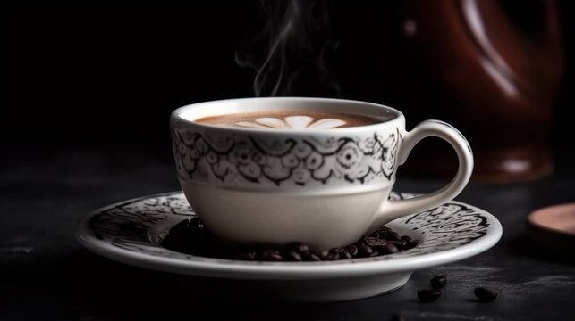 Delicious hot coffees with milk cream, cream, cinnamon, cookies and sweets. Coffee in cups and stylish place. Variety of coffees. Coffee and culinary art. Image generated by AI.