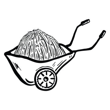 recommend clip art: \Haystack on a wheelbarrow. Doodle vector illustration. Garden wheelbarrow with hay. A gardener's tool, a metal wheelbarrow for carrying something. Isolated on white background. 