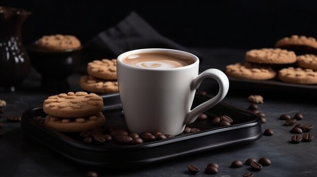 Delicious hot coffees with milk cream, cream, cinnamon, cookies and sweets. Coffee in cups and stylish place. Variety of coffees. Coffee and culinary art. Image generated by AI.