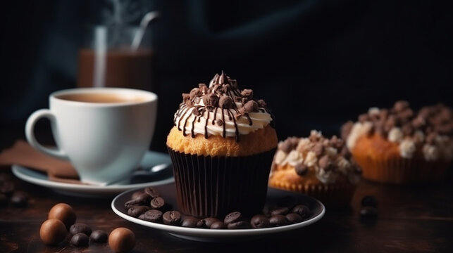 Delicious hot coffees with milk cream, cream, cinnamon, cookies and sweets. Coffee in cups and stylish place. Variety of coffees. Coffee and culinary art. Image generated by AI.