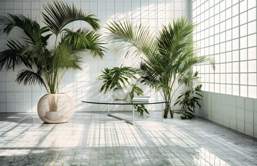 a green palm leaf against white tiles