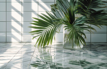 Fototapeta na wymiar a green palm leaf against white tiles