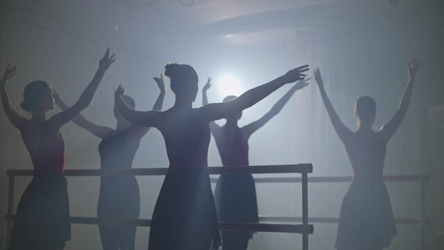 Hobby dance adult group with a ballet coach dancing in the hall. An active and interesting way of life and spending free time. Choreography and art of dance movements. High quality 4k footage