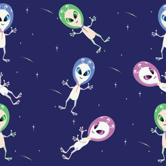 Seamless pattern smiling aliens fly in space in different colors in a cartoon children's multicolored fun style. wallpaper, social media. vector illustration on the space background .