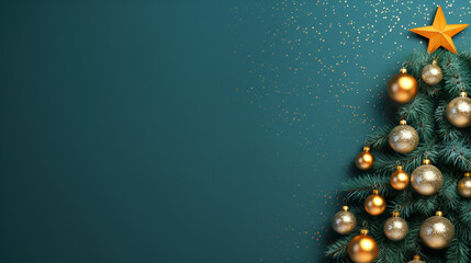 Creative christmas and new year background. Imitation of a decorated christmas tree lying on deep blue or turquoise background, copy space. Happy new Year, Merry Christmas celeblation. Generative AI
