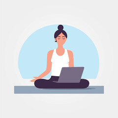 woman meditating with laptop on her lap, vector illustration