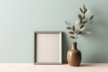 Empty wooden picture frame mockup hanging on pastel green wall background. Boho-shaped vase with eucalyptus branch on table.Working space, home office. Modern interior. Generative AI technology