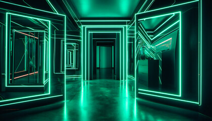 neon light and mirrors inside a doorway