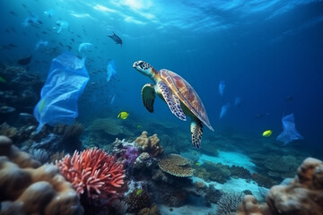 Ocean and sea pollution with plastic concept. Sea turtles swimming in polluted with plastic bags ocean. Polluted colorful coral reefs. Exotic small fishes in background. Generative AI