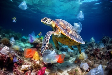 Ocean and sea pollution with plastic concept. Sea turtles swimming in polluted with plastic bags ocean. Polluted colorful coral reefs. Exotic small fishes in background. Generative AI