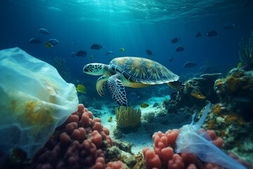Naklejka na ściany i meble Ocean and sea pollution with plastic concept. Sea turtles swimming in polluted with plastic bags ocean. Polluted colorful coral reefs. Exotic small fishes in background. Generative AI