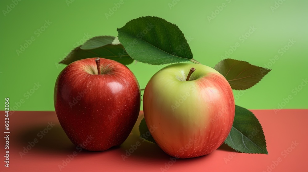 Poster two apples with green leaves on a red table with a green wall in the background and a red table with