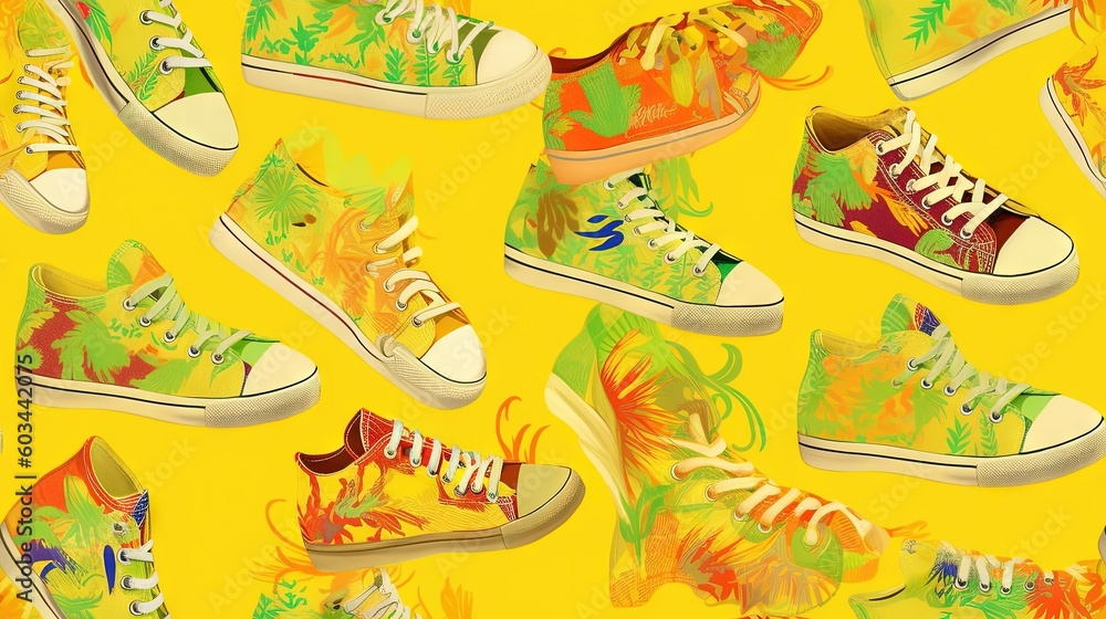 Poster a bunch of colorful shoes are on a yellow background with a pattern of flowers and leaves on them, a