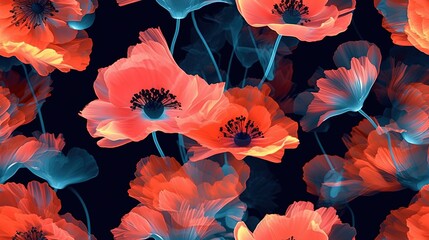  a bunch of red and blue flowers on a black background with a blue center in the middle of the flowers is an orange center in the middle of the center.  generative ai