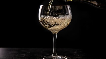  a wine glass filled with white wine being poured into it with a bottle of wine in the back ground and a black background behind it.  generative ai