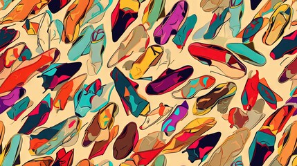  a lot of different colored shoes on a yellow background with a pattern of different colors on the bottom of the shoes and the bottom of the shoes.  generative ai