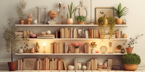 Book shelf, books arrange by color, generative ai, library, home decor. 