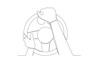 Hands holding the steering wheel casually. Dia do motorista one-line drawing