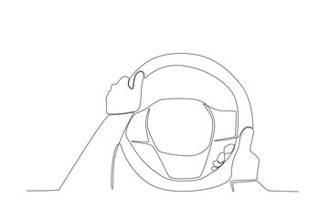 Reliable driver's hand driving a car. Dia do motorista one-line drawing