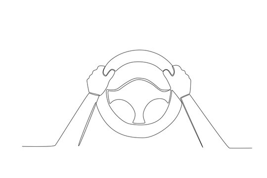 Top view of hands holding steering wheel. Dia do motorista one-line drawing